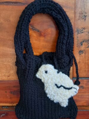 Black Hand‑Knitted Bag + Bird Charm Set — 8″×7″