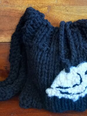 Black Knitted Mini Bag with Bird Charm — 7″×7″